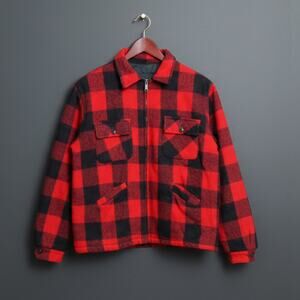 Vintage 70s Buffalo Check Wool Jacket XL Talon Zipper Red Black Plaid Boxy Coat